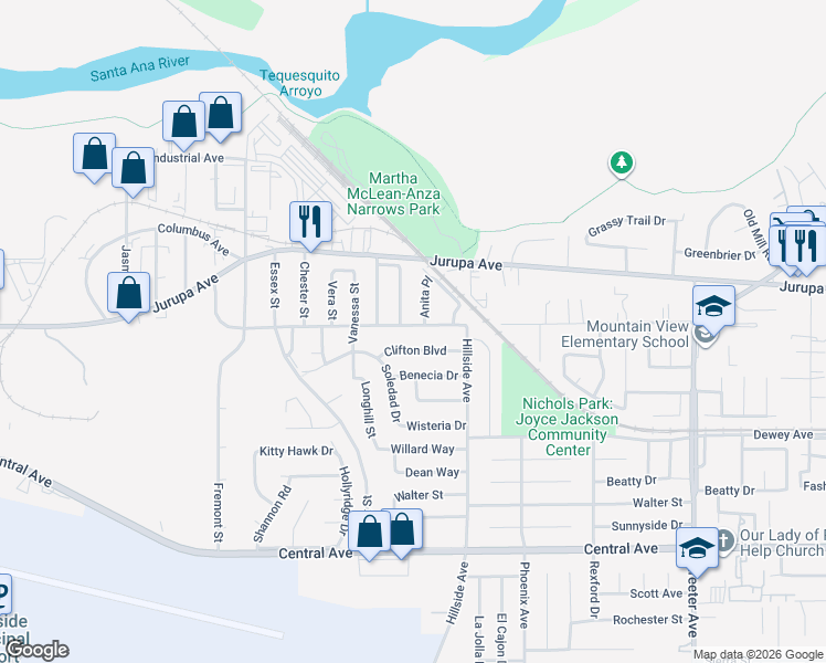 map of restaurants, bars, coffee shops, grocery stores, and more near 5796 Mountain View Avenue in Riverside