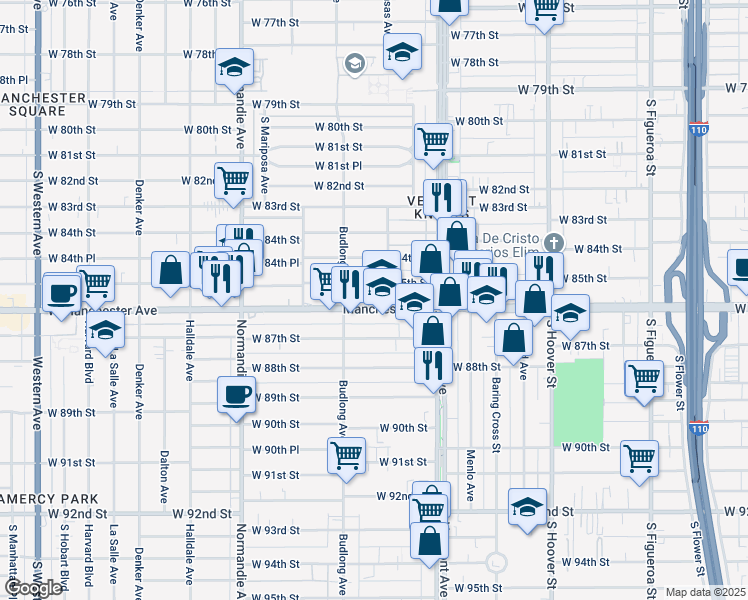map of restaurants, bars, coffee shops, grocery stores, and more near 1111 W Manchester Ave in Los Angeles