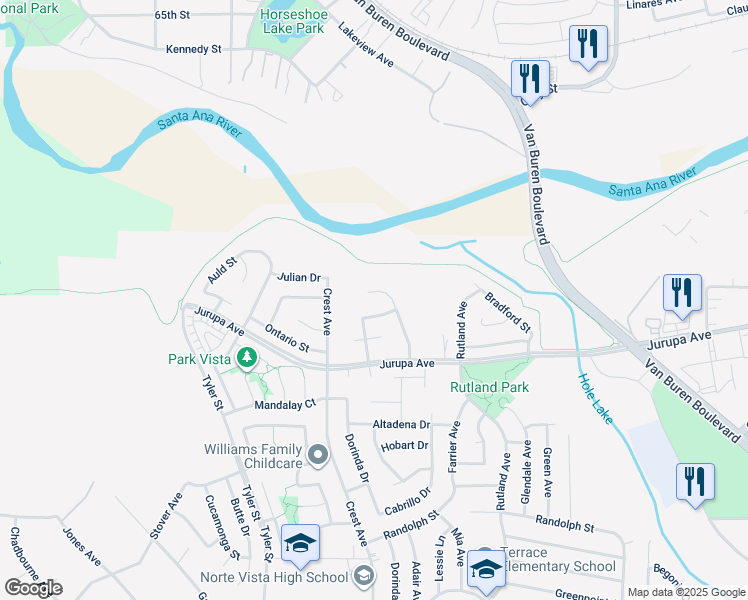 map of restaurants, bars, coffee shops, grocery stores, and more near 7263 Dimaggio Street in Riverside