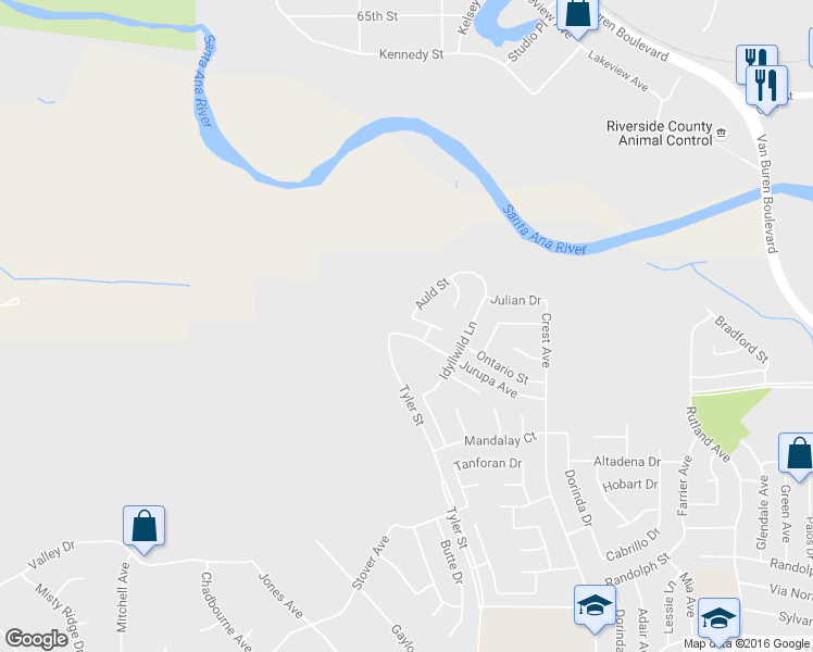 map of restaurants, bars, coffee shops, grocery stores, and more near 10270 Dunn Court in Riverside