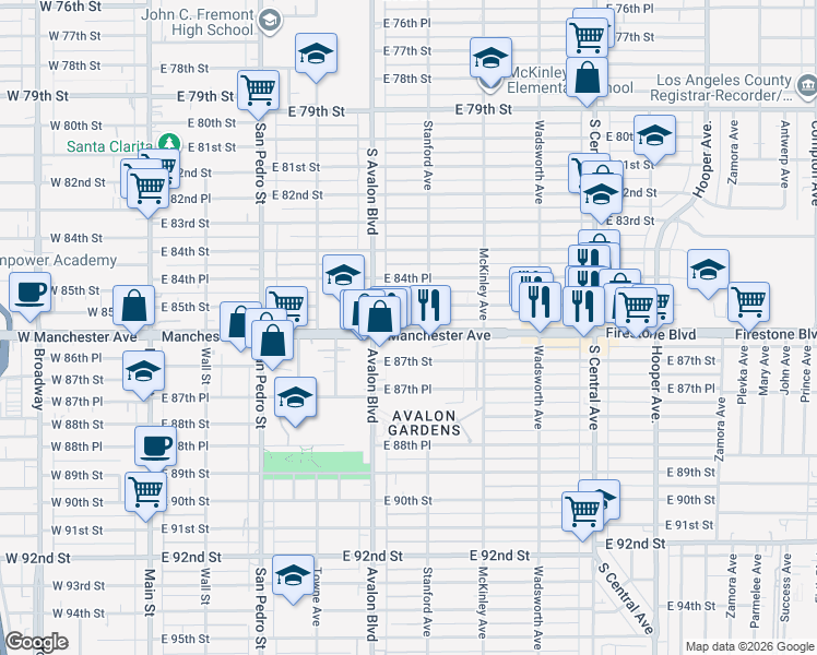 map of restaurants, bars, coffee shops, grocery stores, and more near 637 East Manchester Avenue in Los Angeles