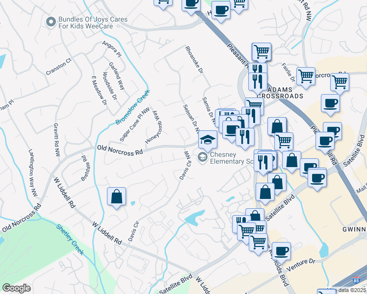 map of restaurants, bars, coffee shops, grocery stores, and more near 3878 Old Norcross Road in Duluth