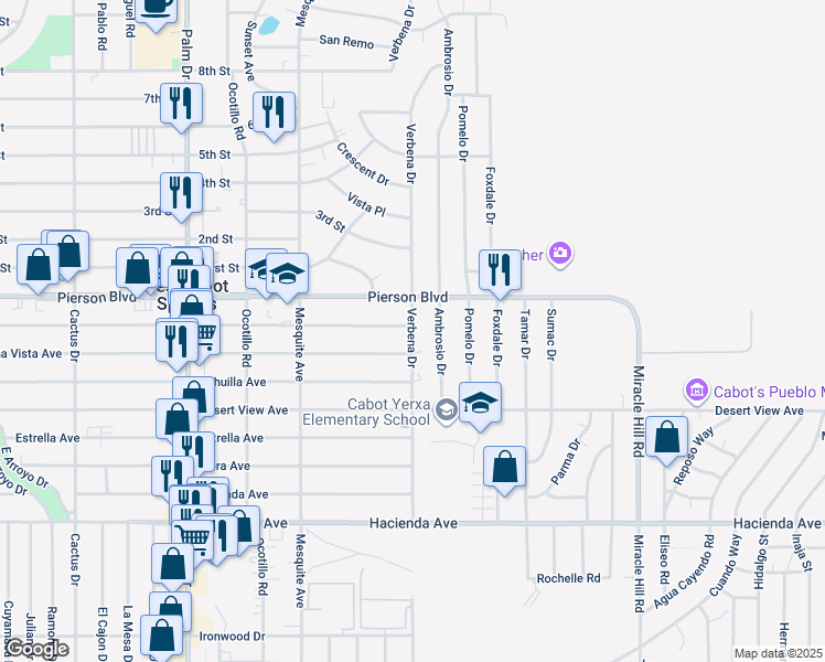 map of restaurants, bars, coffee shops, grocery stores, and more near Verbena Drive in Desert Hot Springs