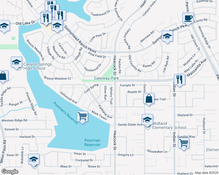 map of restaurants, bars, coffee shops, grocery stores, and more near 11053 Miners Trail in Moreno Valley