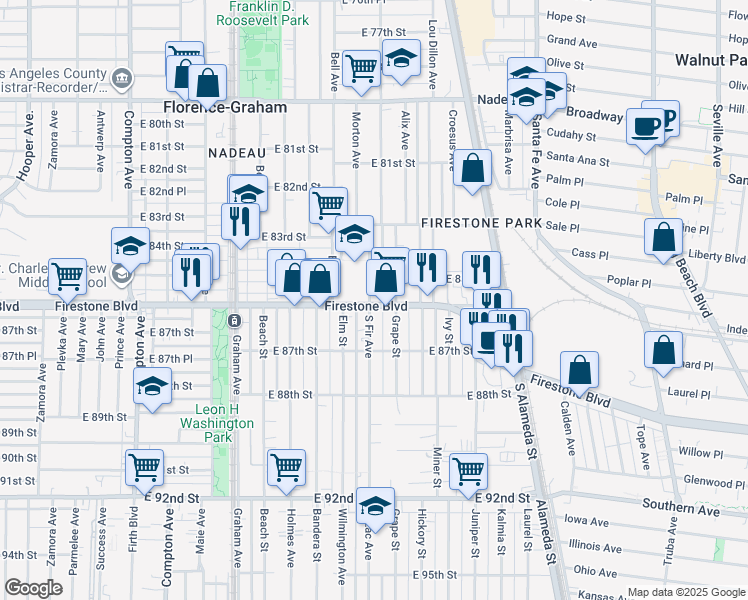 map of restaurants, bars, coffee shops, grocery stores, and more near 8407 South Fir Avenue in Los Angeles