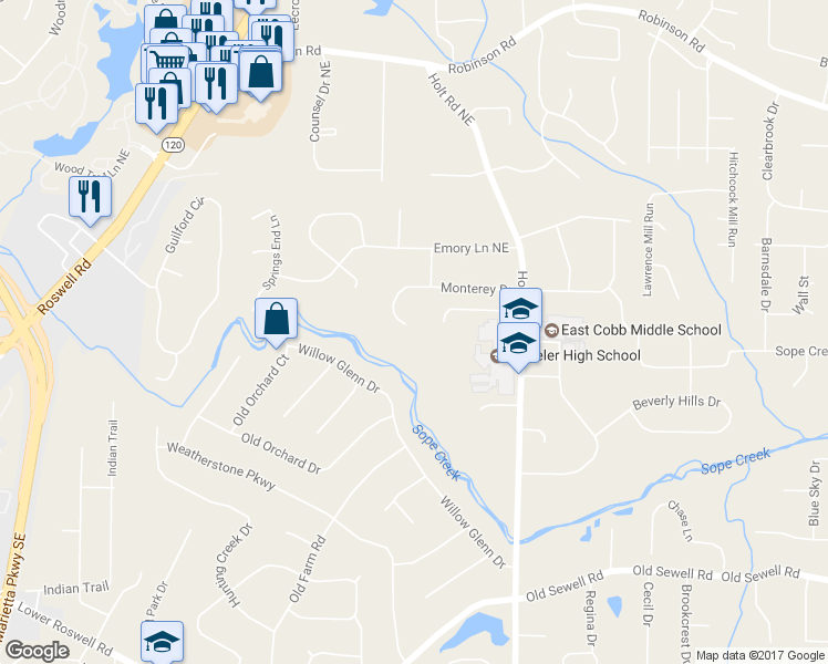 map of restaurants, bars, coffee shops, grocery stores, and more near 2350 Monterey Drive in Marietta