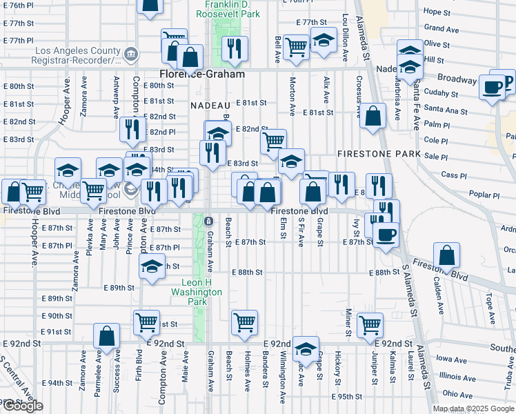 map of restaurants, bars, coffee shops, grocery stores, and more near in Florence-Graham