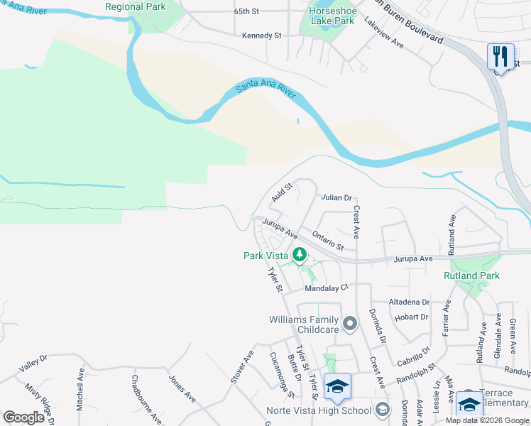 map of restaurants, bars, coffee shops, grocery stores, and more near 10270 Dunn Court in Riverside