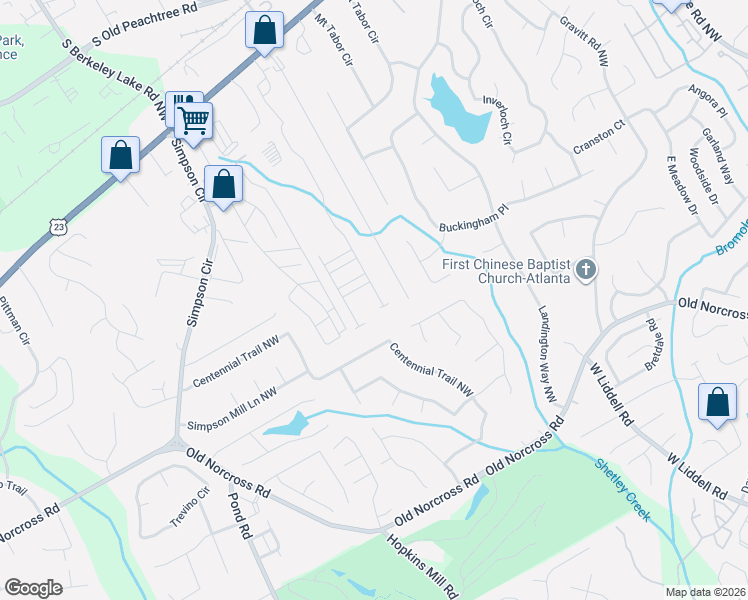map of restaurants, bars, coffee shops, grocery stores, and more near 2540 Woodbine Hill Way Northwest in Norcross