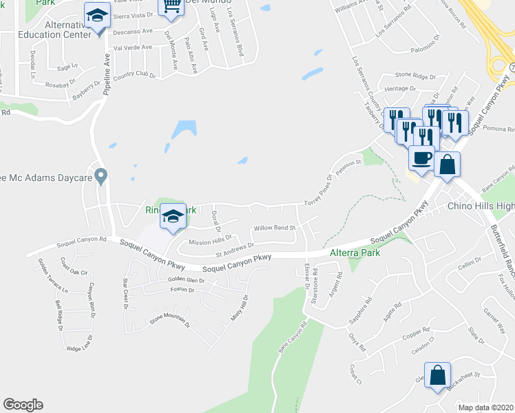 map of restaurants, bars, coffee shops, grocery stores, and more near 4525 Torrey Pines Drive in Chino Hills