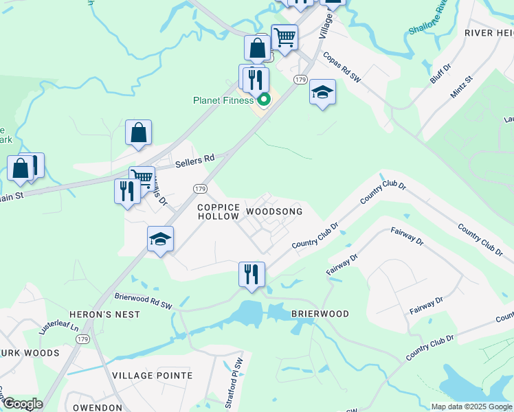 map of restaurants, bars, coffee shops, grocery stores, and more near 516 Sylvan Street in Shallotte