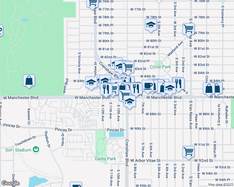 map of restaurants, bars, coffee shops, grocery stores, and more near 3201 West Manchester Boulevard in Inglewood