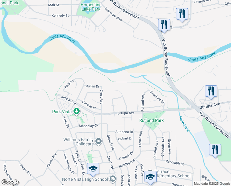 map of restaurants, bars, coffee shops, grocery stores, and more near 7263 Dimaggio Street in Riverside