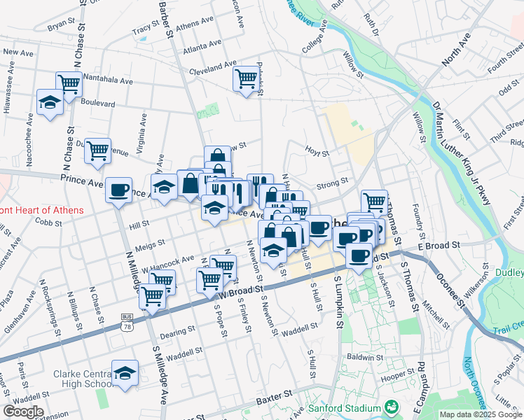 map of restaurants, bars, coffee shops, grocery stores, and more near 100 Prince Avenue in Athens