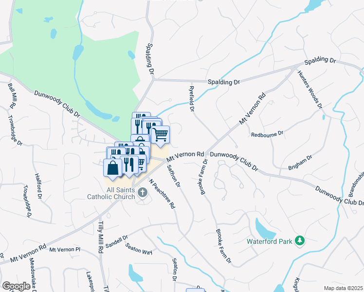 map of restaurants, bars, coffee shops, grocery stores, and more near 2180 Dunwoody Heritage Drive in Atlanta