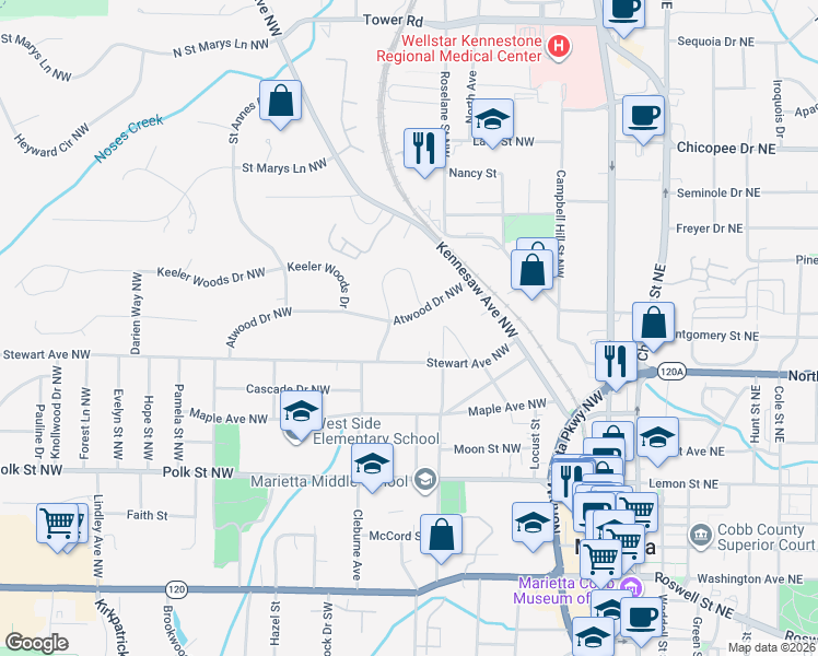 map of restaurants, bars, coffee shops, grocery stores, and more near 199 Atwood Drive Northwest in Marietta