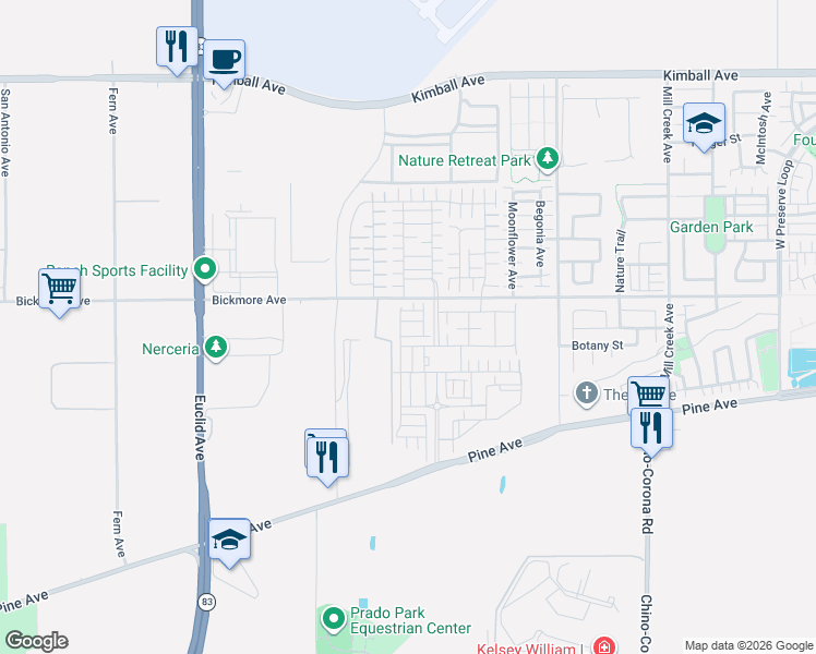 map of restaurants, bars, coffee shops, grocery stores, and more near 16157 Sandpiper Avenue in Chino