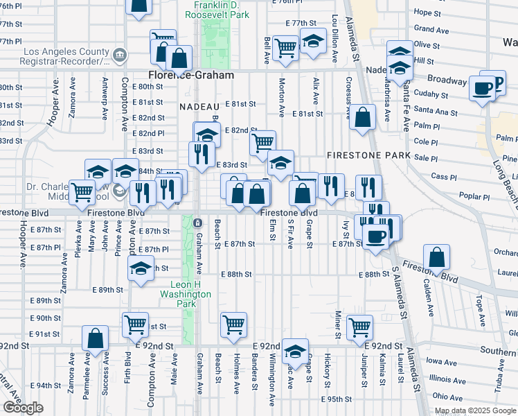 map of restaurants, bars, coffee shops, grocery stores, and more near 1876 Firestone Boulevard in Los Angeles