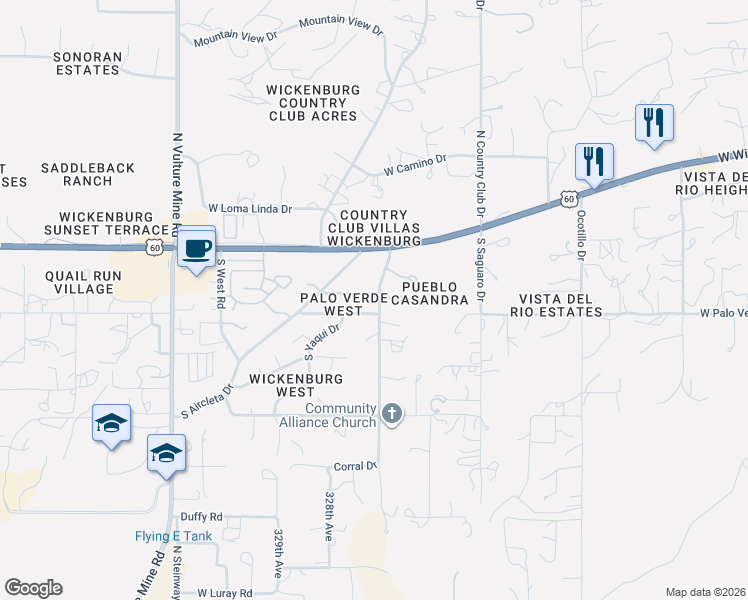 map of restaurants, bars, coffee shops, grocery stores, and more near 1567 Calle Encantado in Wickenburg