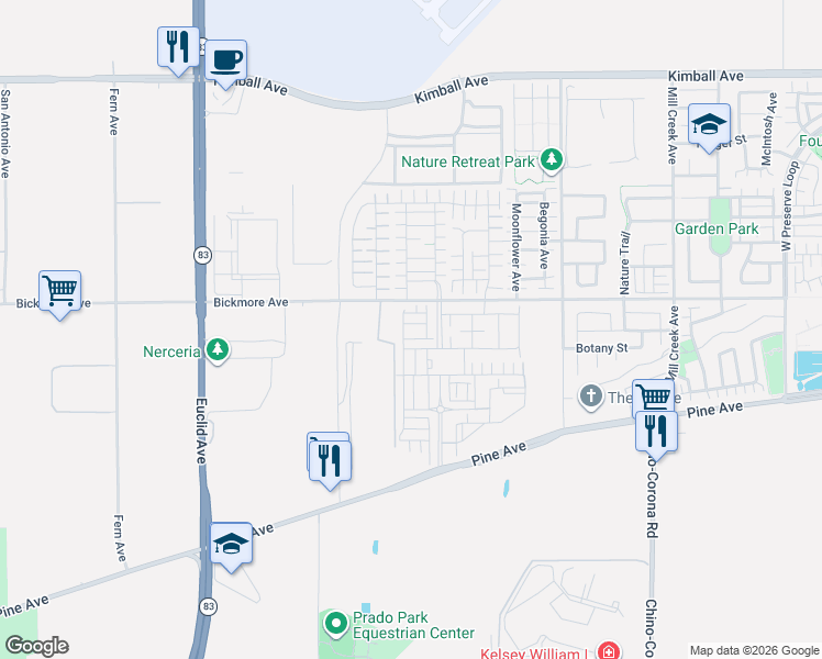 map of restaurants, bars, coffee shops, grocery stores, and more near 16157 Sandpiper Avenue in Chino