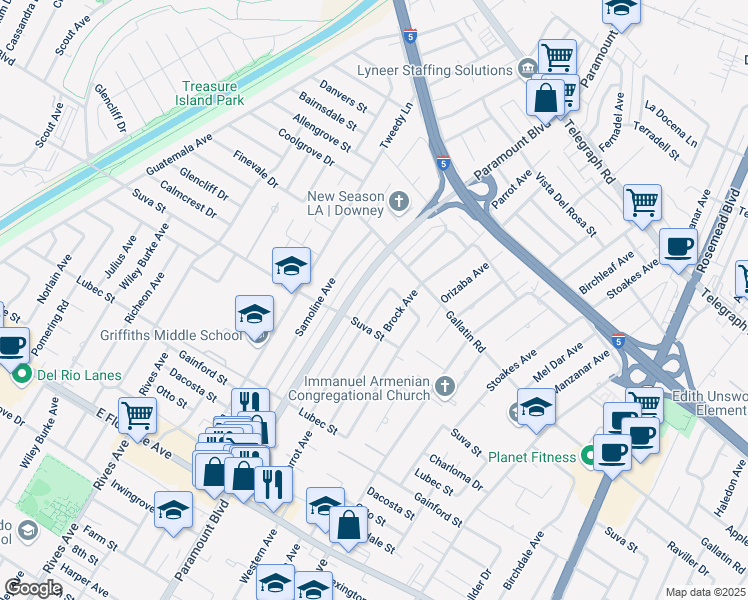 map of restaurants, bars, coffee shops, grocery stores, and more near 9330 Parrot Avenue in Downey