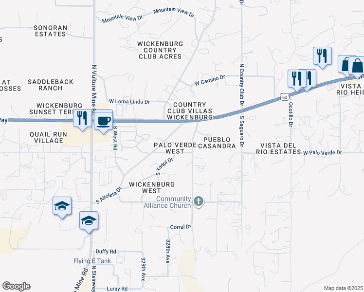 map of restaurants, bars, coffee shops, grocery stores, and more near 1648 West Palo Verde Drive in Wickenburg