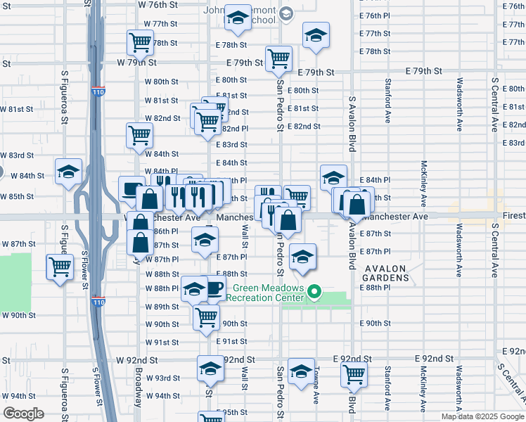 map of restaurants, bars, coffee shops, grocery stores, and more near 235 East Manchester Avenue in Los Angeles