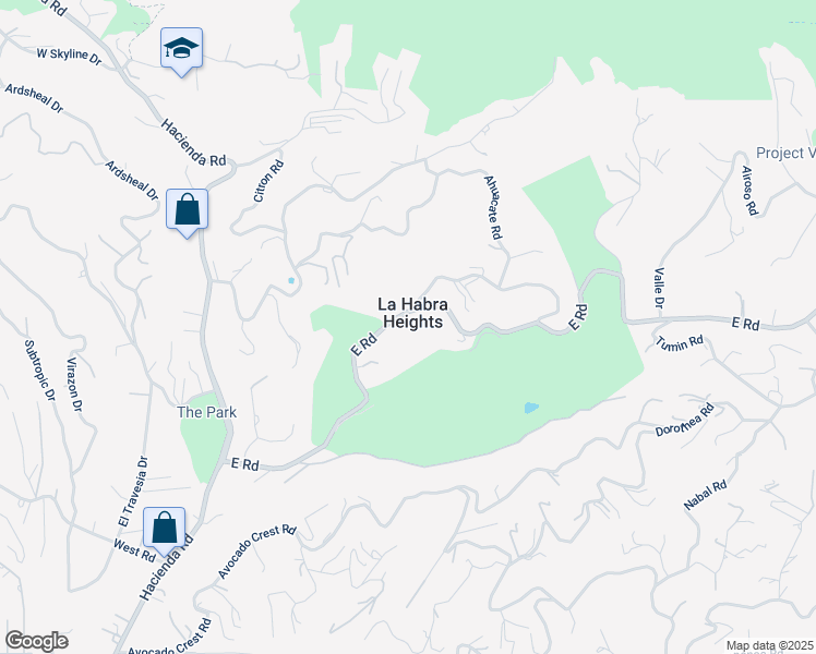 map of restaurants, bars, coffee shops, grocery stores, and more near 500 East Road in La Habra Heights