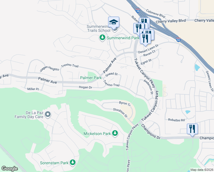 map of restaurants, bars, coffee shops, grocery stores, and more near 35407 Trevino Trail in Beaumont