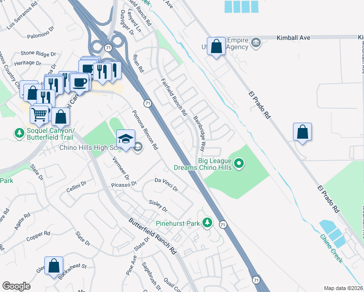 map of restaurants, bars, coffee shops, grocery stores, and more near 16128 Chadwick Court in Chino Hills