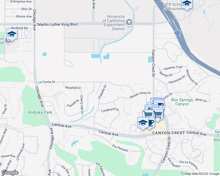 map of restaurants, bars, coffee shops, grocery stores, and more near 1200 La Subida Court in Riverside