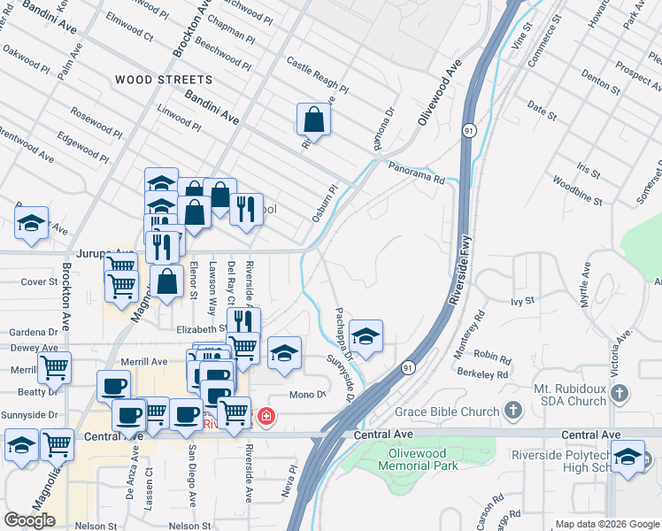 map of restaurants, bars, coffee shops, grocery stores, and more near 6030 Pachappa Drive in Riverside