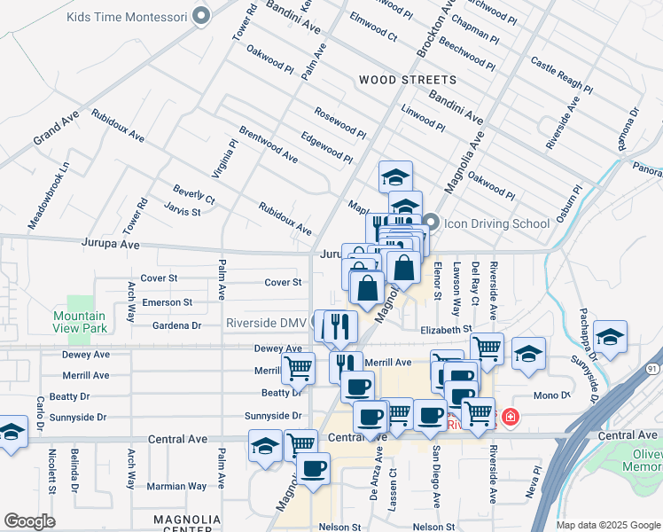 map of restaurants, bars, coffee shops, grocery stores, and more near 6086 Brockton Avenue in Riverside