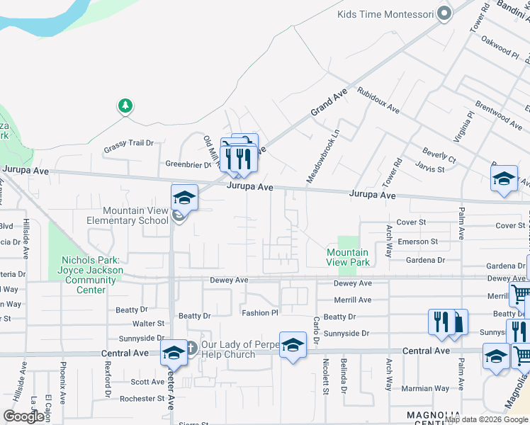 map of restaurants, bars, coffee shops, grocery stores, and more near 6104 Correll Street in Riverside