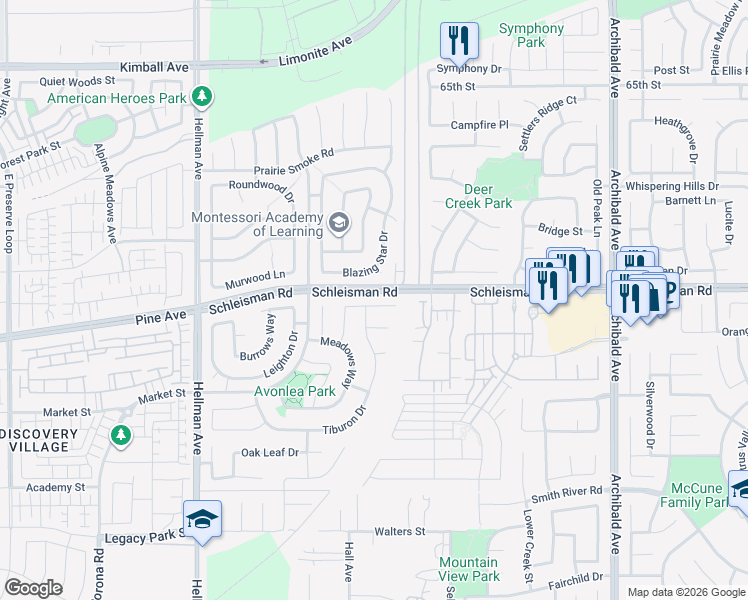 map of restaurants, bars, coffee shops, grocery stores, and more near 14631 Promontory Lane in Corona