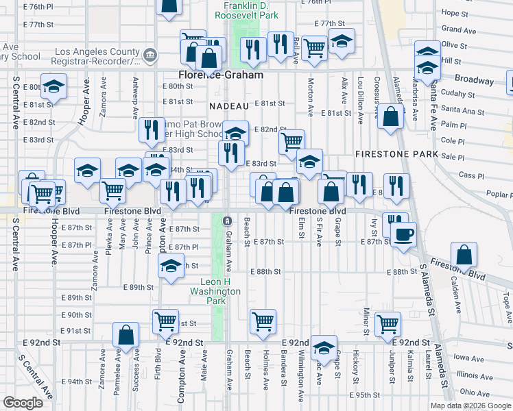 map of restaurants, bars, coffee shops, grocery stores, and more near 1754 Firestone Boulevard in Los Angeles