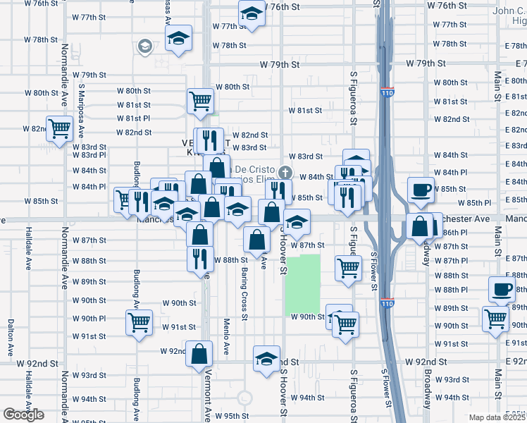 map of restaurants, bars, coffee shops, grocery stores, and more near 860 West Manchester Avenue in Los Angeles