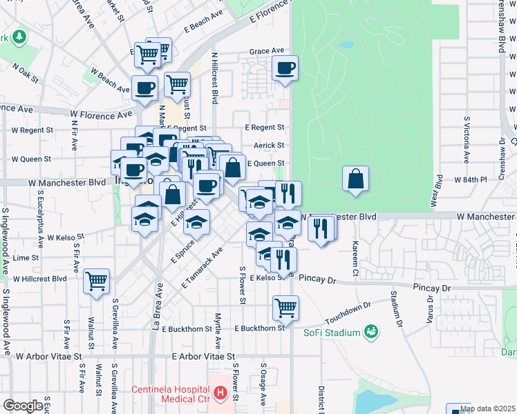 map of restaurants, bars, coffee shops, grocery stores, and more near 315 South Osage Avenue in Inglewood