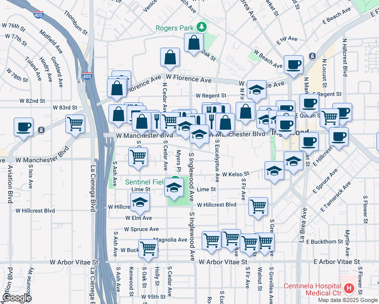 map of restaurants, bars, coffee shops, grocery stores, and more near 317 South Inglewood Avenue in Inglewood