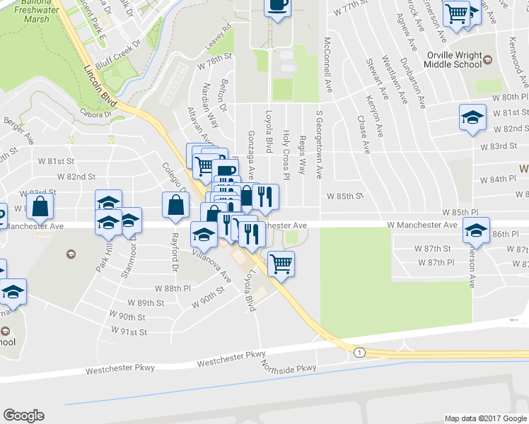 map of restaurants, bars, coffee shops, grocery stores, and more near 7121 West Manchester Avenue in Los Angeles