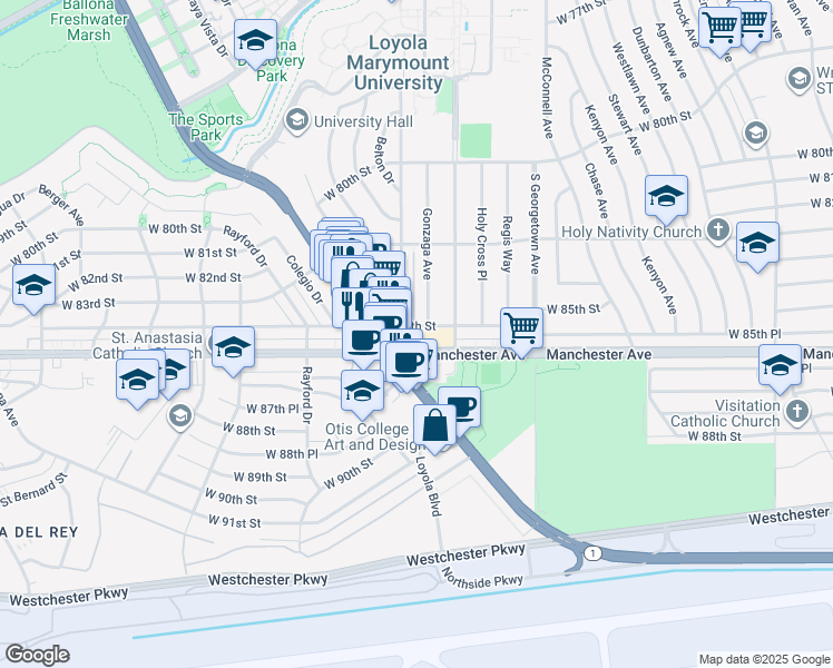 map of restaurants, bars, coffee shops, grocery stores, and more near 7121 West Manchester Avenue in Los Angeles