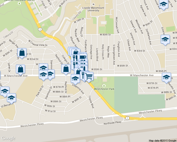 map of restaurants, bars, coffee shops, grocery stores, and more near 8601 Lincoln Boulevard in Los Angeles