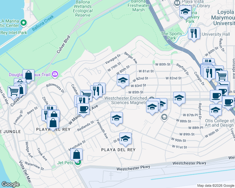 map of restaurants, bars, coffee shops, grocery stores, and more near 7841 West Manchester Avenue in Los Angeles