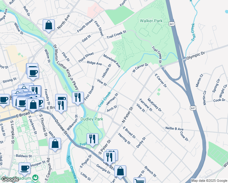 map of restaurants, bars, coffee shops, grocery stores, and more near 175 Herman Street in Athens