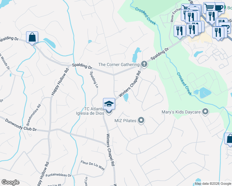 map of restaurants, bars, coffee shops, grocery stores, and more near 7600 Nesbit Ferry Road in Atlanta