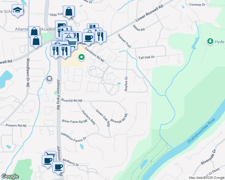 map of restaurants, bars, coffee shops, grocery stores, and more near 514 Gardenia Lane Northeast in Marietta