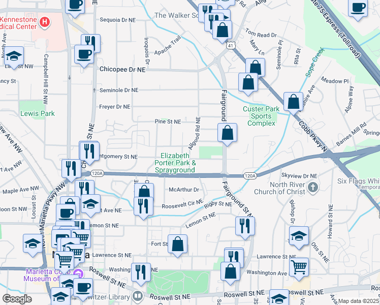 map of restaurants, bars, coffee shops, grocery stores, and more near 345 Allgood Road in Marietta