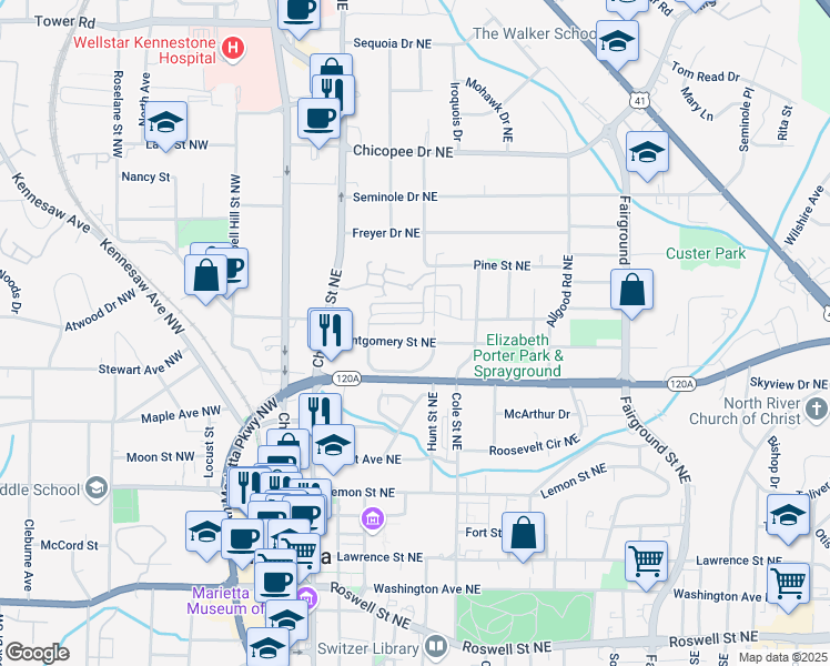 map of restaurants, bars, coffee shops, grocery stores, and more near 254 Montgomery Street Northeast in Marietta