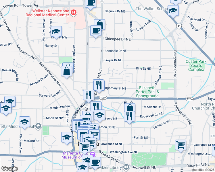 map of restaurants, bars, coffee shops, grocery stores, and more near 164 Montgomery Street Northeast in Marietta