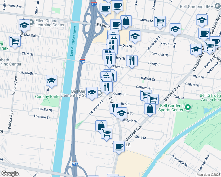 map of restaurants, bars, coffee shops, grocery stores, and more near 7939 Eastern Avenue in Bell Gardens